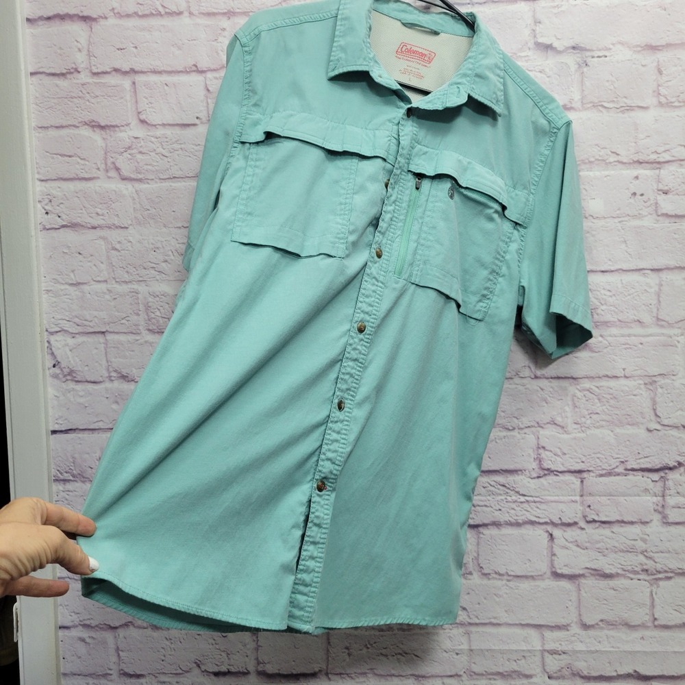 Coleman Button Down‎ Fishing Shirt Mens L Teal Blue Gorp Hiking Outdoor Utility - Picture 3 of 8